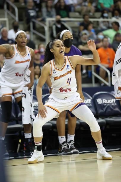 Skylar Diggins-Smith of the Phoenix Mercury celebrates during the game against the Indiana Fever on September 4, 2021 at the Indiana Farmers Coliseum...