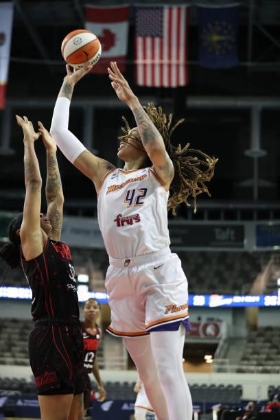 Brittney Griner of the Phoenix Mercury shoots the ball against the Indiana Fever on September 4, 2021 at the Indiana Farmers Coliseum in...
