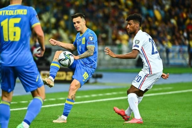 Mykola SHAPARENKO of Ukraine and Kingsley COMAN of France during the FIFA World Cup 2022 Qatar qualifying match between Ukraine and France at Olympic...