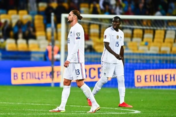 Adrien RABIOT of France and Kurt ZOUMA of France during the FIFA World Cup 2022 Qatar qualifying match between Ukraine and France at Olympic Stadium...
