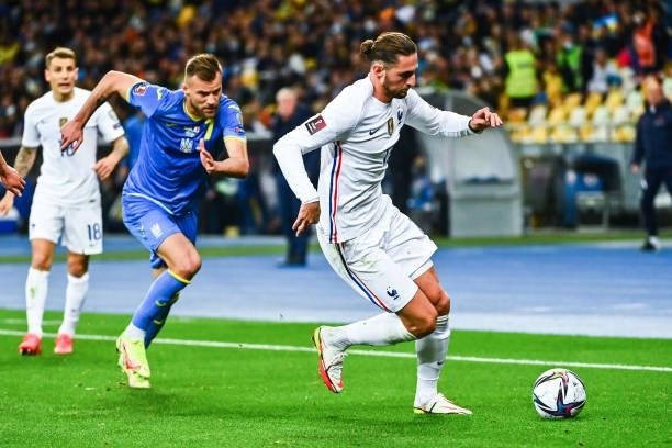 Adrien RABIOT of France and Andriy YARMOLENKO of Ukraine during the FIFA World Cup 2022 Qatar qualifying match between Ukraine and France at Olympic...