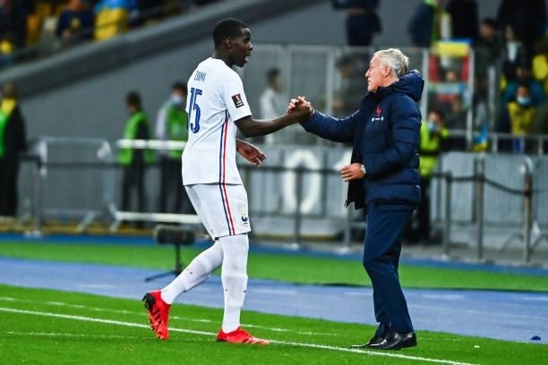 Kurt ZOUMA of France and Didier DESCHAMPS head coach of France during the FIFA World Cup 2022 Qatar qualifying match between Ukraine and France at...