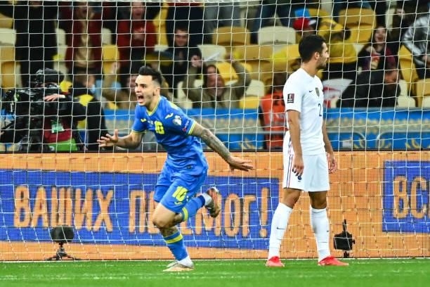 Mykola SHAPARENKO of Ukraine celebrates a goal during the FIFA World Cup 2022 Qatar qualifying match between Ukraine and France at Olympic Stadium on...