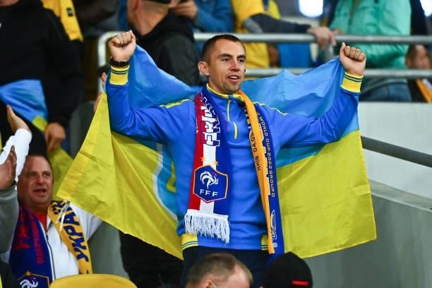 Fans of Ukraine during the FIFA World Cup 2022 Qatar qualifying match between Ukraine and France at Olympic Stadium on September 4, 2021 in Kyiv,...