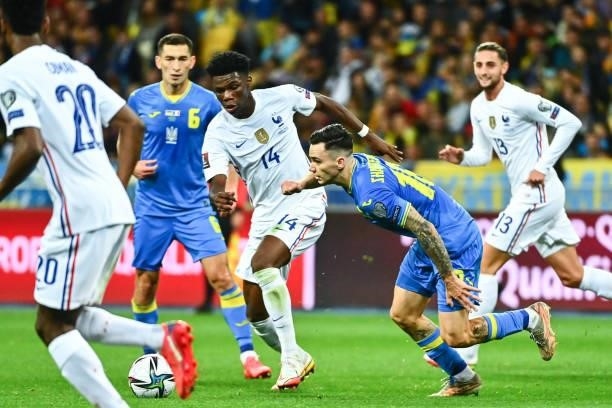 Aurelien TCHOUAMENI of France and Mykola SHAPARENKO of Ukraine during the FIFA World Cup 2022 Qatar qualifying match between Ukraine and France at...