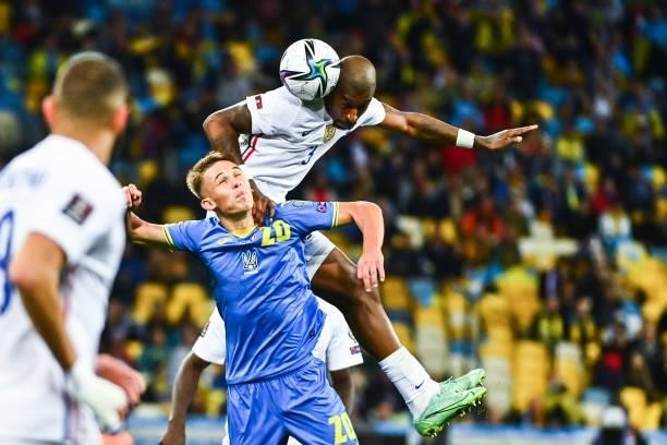 Danylo SIKAN of Ukraine and Presnel KIMPEMBE of France during the FIFA World Cup 2022 Qatar qualifying match between Ukraine and France at Olympic...