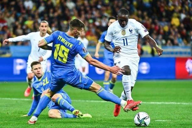 Moussa DIABY of France and Oleksandr TYMCHYK of Ukraine during the FIFA World Cup 2022 Qatar qualifying match between Ukraine and France at Olympic...