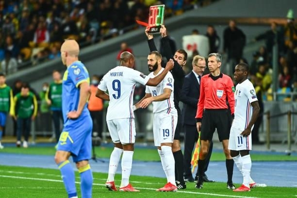 Anthony MARTIAL of France and Karim BENZEMA of France during the FIFA World Cup 2022 Qatar qualifying match between Ukraine and France at Olympic...