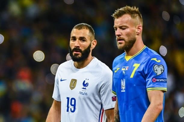 Karim BENZEMA of France and Andriy YARMOLENKO of Ukraine during the FIFA World Cup 2022 Qatar qualifying match between Ukraine and France at Olympic...