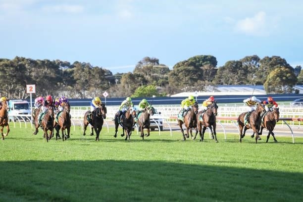 Seawhatyouthink ridden by Zac Spain wins the Oz Equipment Rentals BM64 Handicap at Geelong Racecourse on September 05, 2021 in Geelong, Australia.