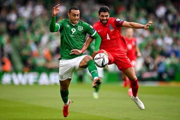 Dublin , Ireland - 4 September 2021; Adam Idah of Republic of Ireland in action against Hojjat Haghverdi of Azerbaijan during the FIFA World Cup 2022...