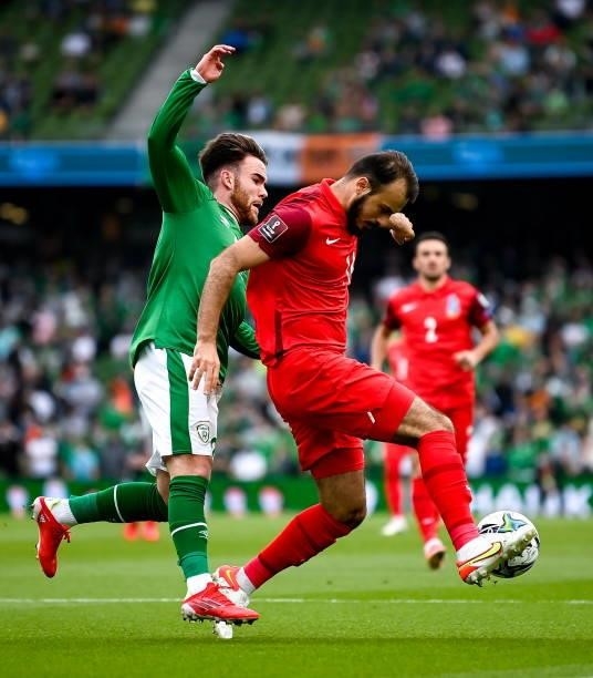 Dublin , Ireland - 4 September 2021; Elvin Badalov of Azerbaijan in action against Aaron Connolly of Republic of Ireland during the FIFA World Cup...