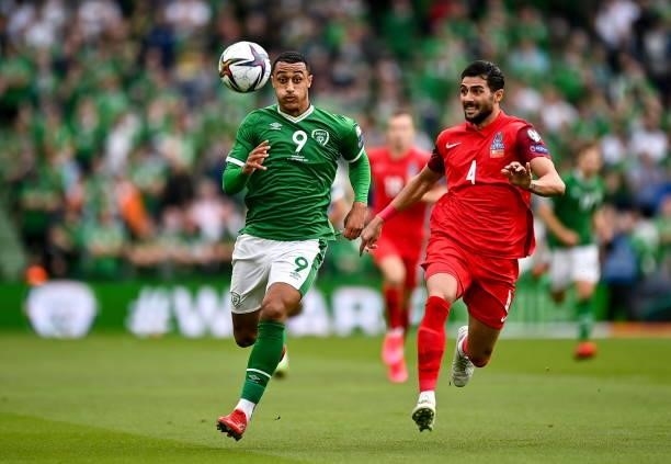 Dublin , Ireland - 4 September 2021; Adam Idah of Republic of Ireland in action against Hojjat Haghverdi of Azerbaijan during the FIFA World Cup 2022...