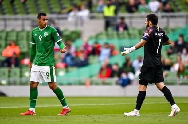 Dublin , Ireland - 4 September 2021; Adam Idah of Republic of Ireland and Azerbaijan goalkeeper Shakhrudin Magomedaliyev during the FIFA World Cup...