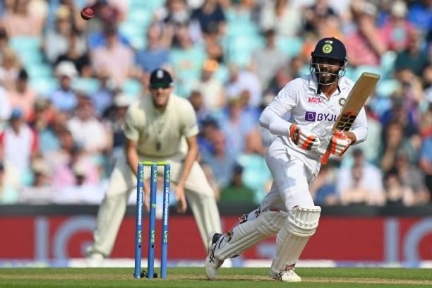 India's Ravindra Jadeja takes a run during play on the fourth day of the fourth cricket Test match between England and India at the Oval cricket...