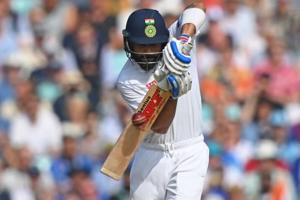 India's captain Virat Kohli plays a shot during play on the fourth day of the fourth cricket Test match between England and India at the Oval cricket...