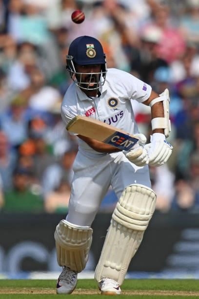 India's Ajinkya Rahane plays a shot during play on the fourth day of the fourth cricket Test match between England and India at the Oval cricket...