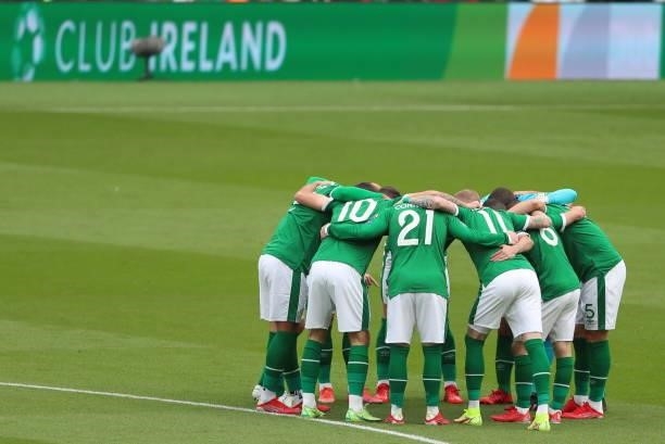 Dublin , Ireland - 4 September 2021; Republic of Ireland players huddle before the FIFA World Cup 2022 qualifying group A match between Republic of...