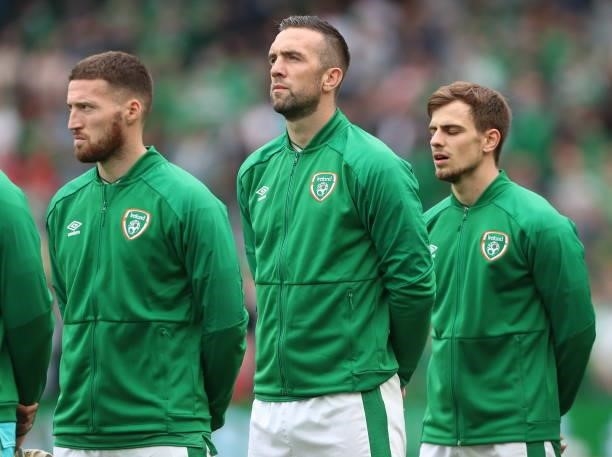 Dublin , Ireland - 4 September 2021; Shane Duffy of Republic of Ireland during the national anthem before the FIFA World Cup 2022 qualifying group A...