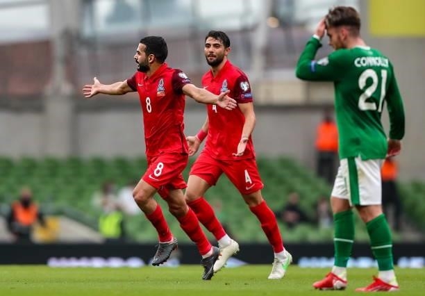 Dublin , Ireland - 4 September 2021; Emin Makhmudov of Azerbaijan celebrates after scoring his side's first goal during the FIFA World Cup 2022...
