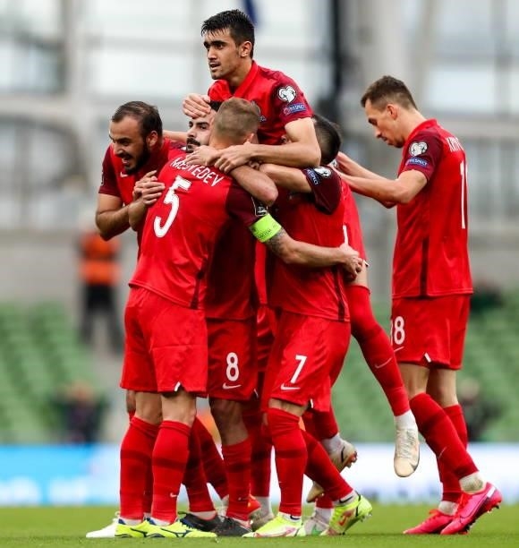 Dublin , Ireland - 4 September 2021; Emin Makhmudov of Azerbaijan celebrates with team-mates after scoring his side's first goal during the FIFA...