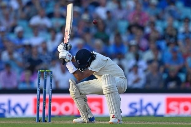 England's Haseeb Hameed ducks under a short ball from India's Jasprit Bumrah during play on the fourth day of the fourth cricket Test match between...