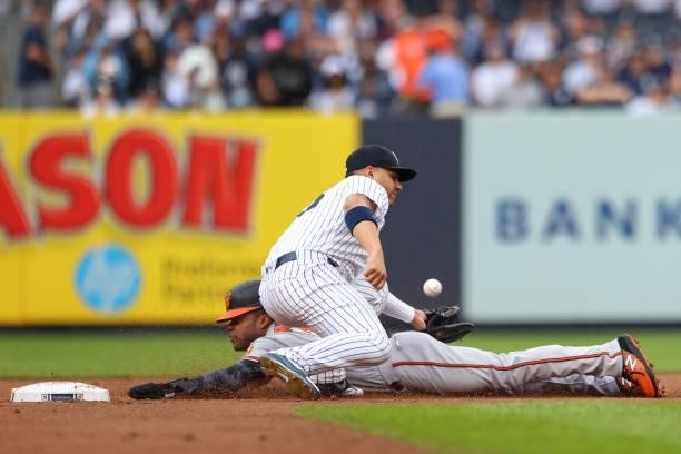 Cedric Mullins of the Baltimore Orioles steals second base as the ball gets past shortstop Gleyber Torres of the New York Yankees during the first...