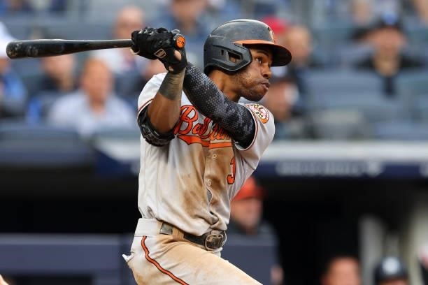 Cedric Mullins of the Baltimore Orioles hits a two-run home run against the New York Yankees during the sixth inning of a game at Yankee Stadium on...