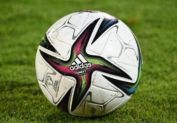 The official match ball is seen on the field during the FIFA World Cup Qatar 2022 qualifying Group I football match between San Marino and Poland at...