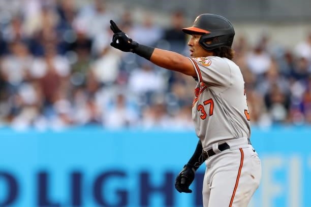 Jahmai Jones of the Baltimore Orioles gestures after he hit a two-run double against the New York Yankees during the seventh inning of a game at...