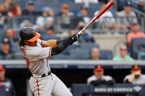 Jahmai Jones of the Baltimore Orioles hits a two-run double against the New York Yankees during the seventh inning of a game at Yankee Stadium on...