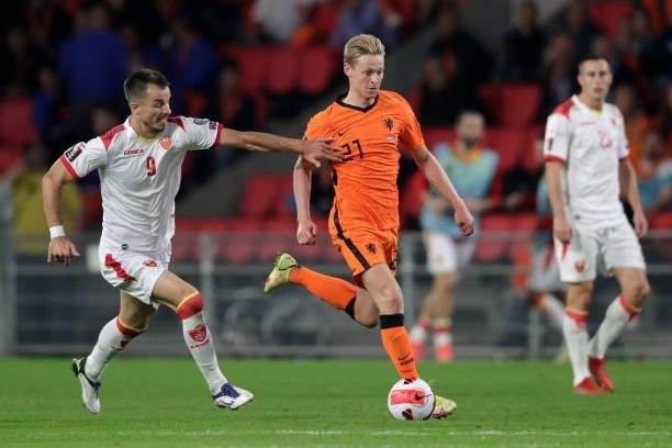 Stefan Mugosa of Montenegro, Frenkie de Jong of Holland during the World Cup Qualifier match between Holland v Montenegro at the Philips Stadium on...