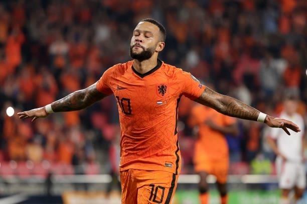 Memphis Depay of Holland celebrates 1-0 during the World Cup Qualifier match between Holland v Montenegro at the Philips Stadium on September 4, 2021...