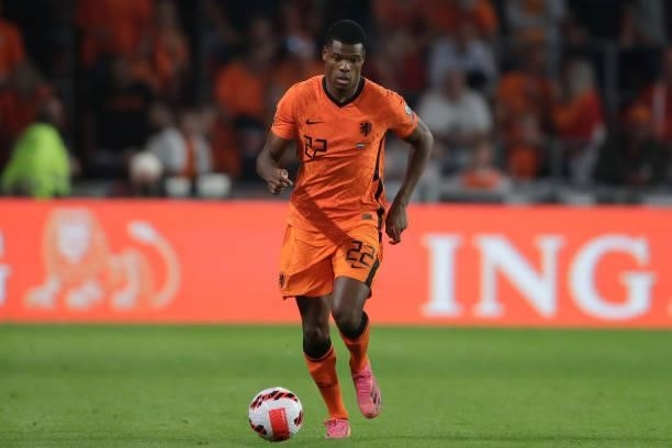 Denzel Dumfries of Holland during the World Cup Qualifier match between Holland v Montenegro at the Philips Stadium on September 4, 2021 in Eindhoven...