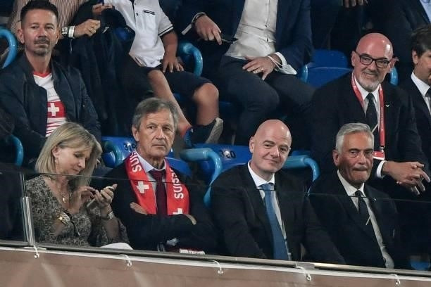 President Gianni Infantino and President of Swiss Federation Dominique Blanc attend the World Cup 2022 qualifier football match between Switzerland...