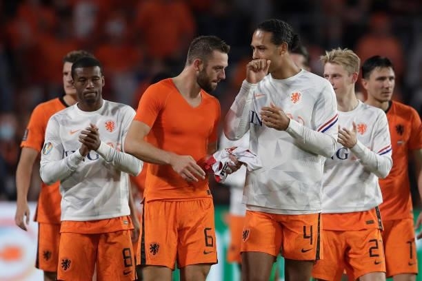 Stefan de Vrij of Holland, Virgil van Dijk of Holland celebrate the victory during the World Cup Qualifier match between Holland v Montenegro at the...