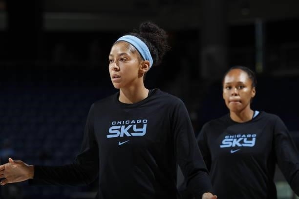 Candace Parker of the Chicago Sky looks on before the game against the Las Vegas Aces on September 4, 2021 at the Wintrust Arena in Chicago,...