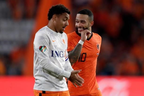 Donyell Malen of Holland, Memphis Depay of Holland during the World Cup Qualifier match between Holland v Montenegro at the Philips Stadium on...