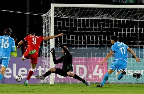 Robert Lewandowski of Poland scores his Opening Goal ,during the 2022 FIFA World Cup Qualifier match between San Marino and Poland at San Marino...