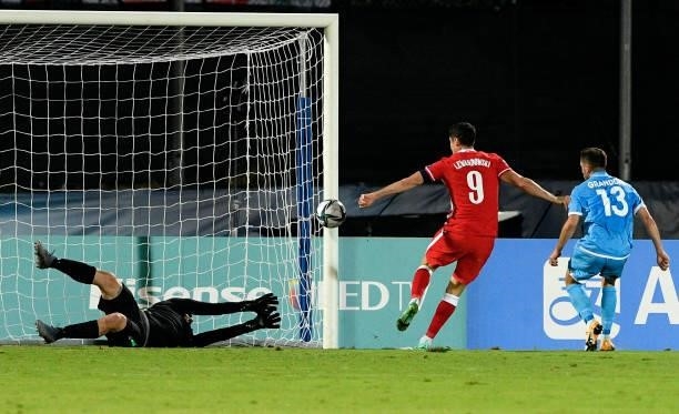 Robert Lewandowski of Poland scores his 2nd Goal ,during the 2022 FIFA World Cup Qualifier match between San Marino and Poland at San Marino Stadium...