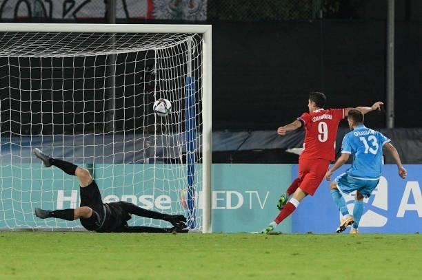 Robert Lewandowski of Poland scores his 2nd Goal ,during the 2022 FIFA World Cup Qualifier match between San Marino and Poland at San Marino Stadium...