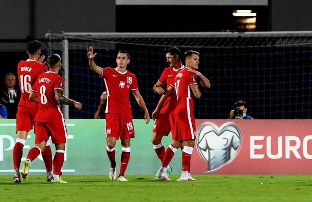 Robert Lewandowski of Poland celebrates with team mates after scores his 2nd Goal ,during the 2022 FIFA World Cup Qualifier match between San Marino...
