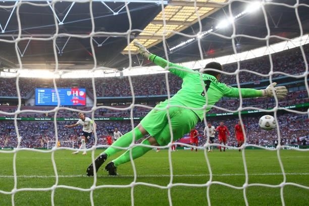 Harry Kane of England scores a goal from the penalty spot during the 2022 FIFA World Cup Qualifier between England and Andorra at Wembley Stadium on...