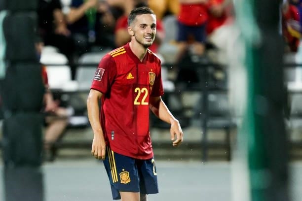 Pablo Sarabia of Spain celebrates a cancelled goal during the World Cup Qualifier match between Spain v Georgia at the Estadio La Cartuja on...