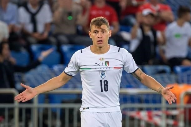 Italy's midfielder Nicolo Barella reacts during the World Cup 2022 qualifier football match between Switzerland and Italy, on September 5, 2021 at St...