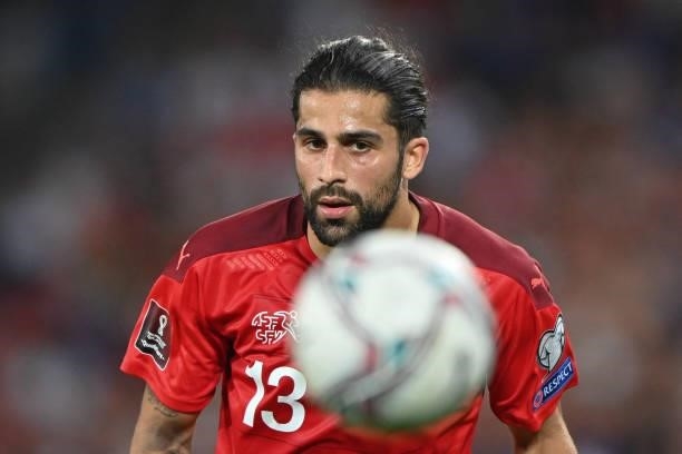 Switzerland's defender Ricardo Rodriguez looks at the ball during the World Cup 2022 qualifier football match between Switzerland and Italy, on...