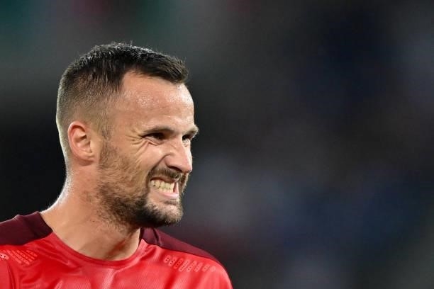 Switzerland's forward Haris Seferovic looks on during the World Cup 2022 qualifier football match between Switzerland and Italy, on September 5, 2021...