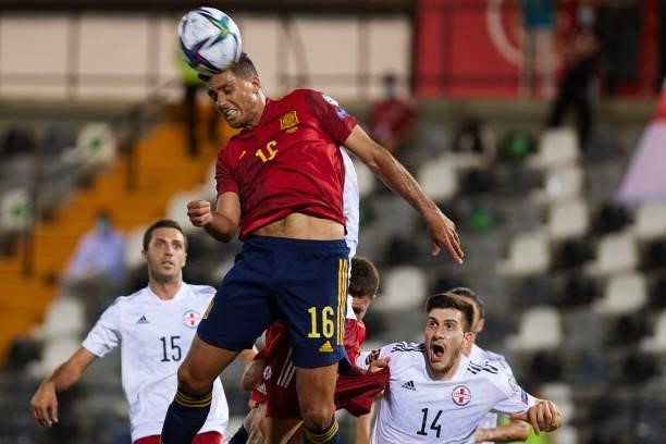 Rodri of Spain heads the ball during the 2022 FIFA World Cup Qualifier match between Spain and Georgia at Estadio Nuevo Vivero on September 5, 2021...