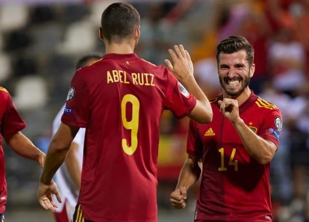Abel Ruiz and Jose Gaya of Spain celebrates after scoring his teams during the 2022 FIFA World Cup Qualifier match between Spain and Georgia at...
