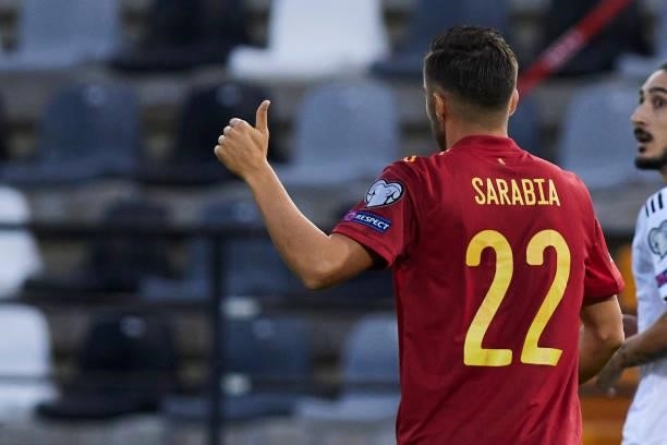Pablo Sarabia of Spain gestures during during the 2022 FIFA World Cup Qualifier match between Spain and Georgia at Estadio Nuevo Vivero on September...